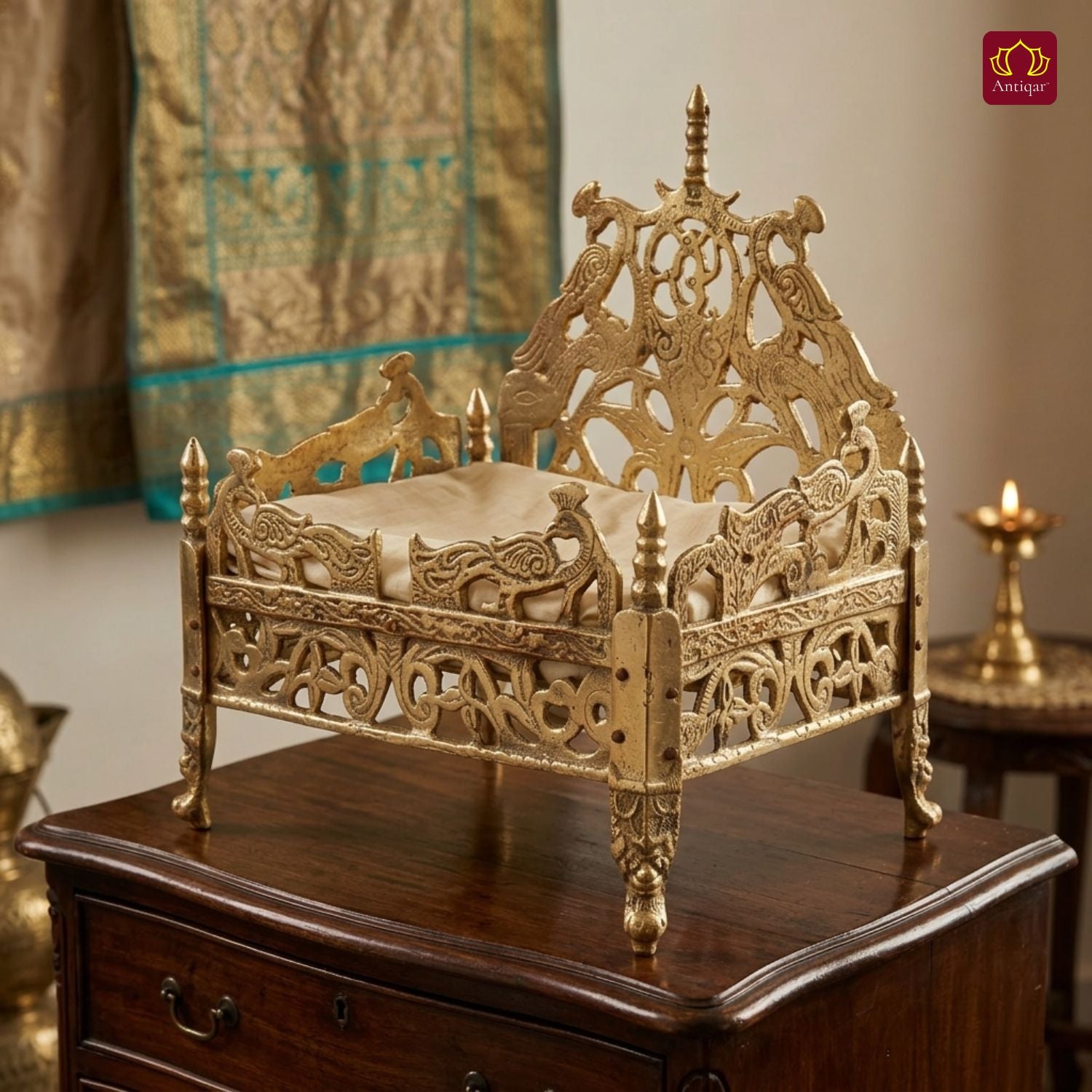 Brass Twin Peacock Embossed Design Laddu Gopal Singhasan – 19.5cm | Antique Golden Finish | Handcrafted Large Size Throne for Temple, Home & Festival Decor