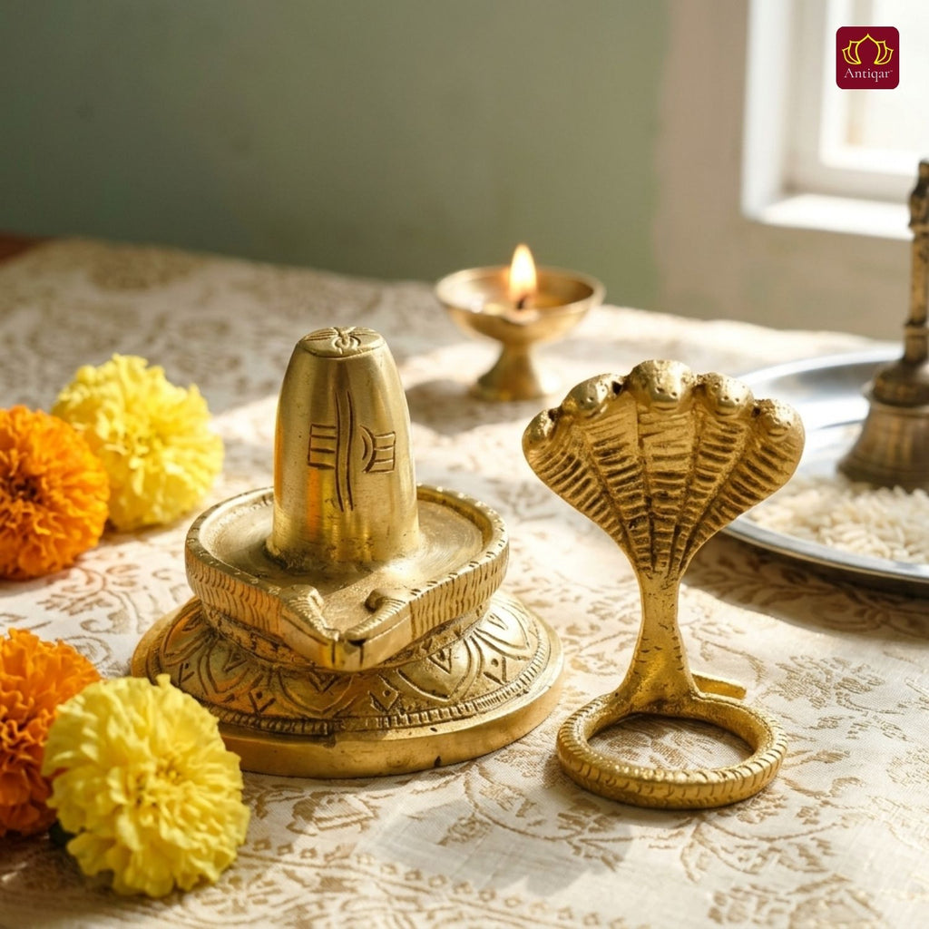Brass Shivling with Detachable Sheshnaag – 10 cm | Antique Golden Finish | Handcrafted Spiritual Idol for Temple, Home & Car Dashboard Decor