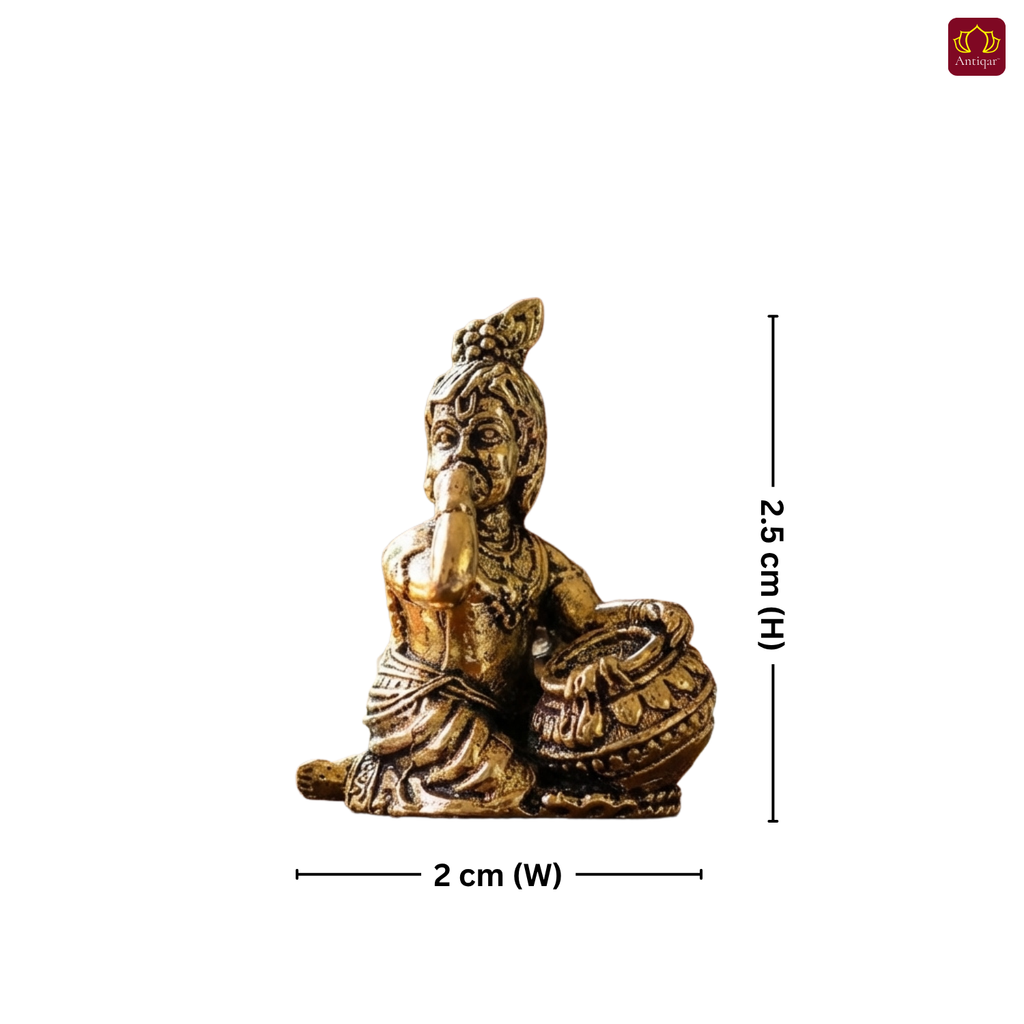 Brass Miniature Krishna idol with Makhhan Matka - 2.5cm | Antique Finish | Spritual use for Home, Temple & Car Dashboard Decor