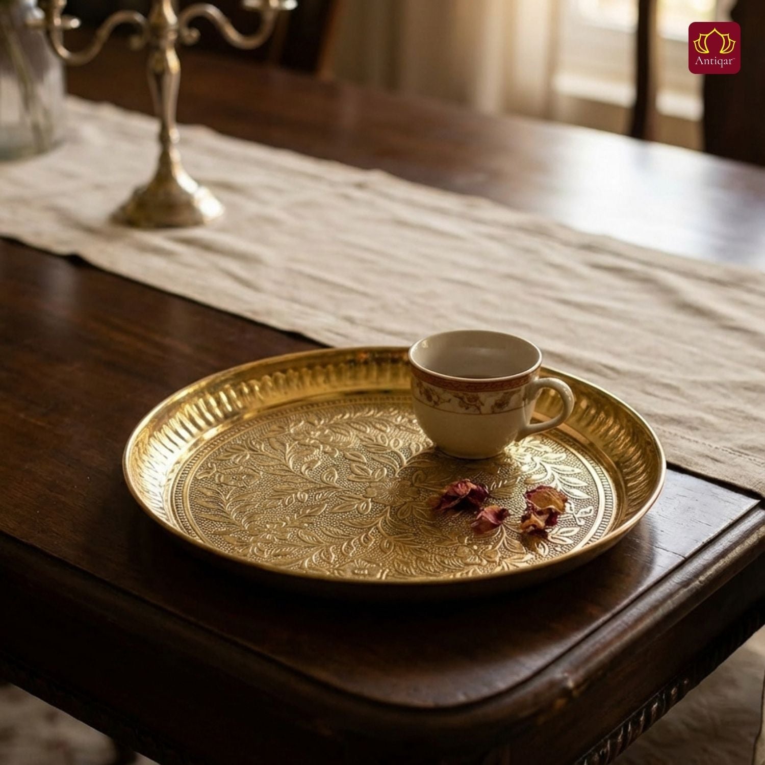 Brass Etching Floral Design Plate - 2cm | Serve Main Course items in Lunch & Dinner | Antique Golden Finish | Traditional Mughlai Style use for serving in Kitchen, Festivals and Restaurents