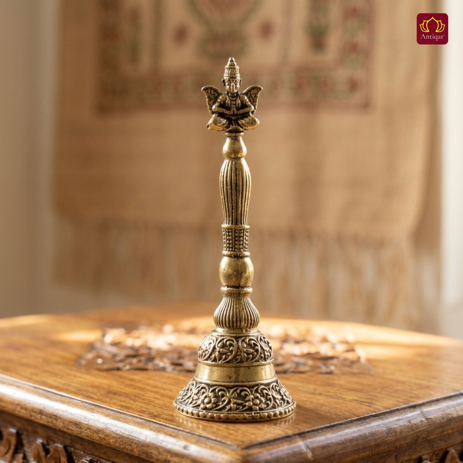 Brass Garud Ghanti - 12cm | Antique Finish | Spiritual Decor for Temple, Home & Table