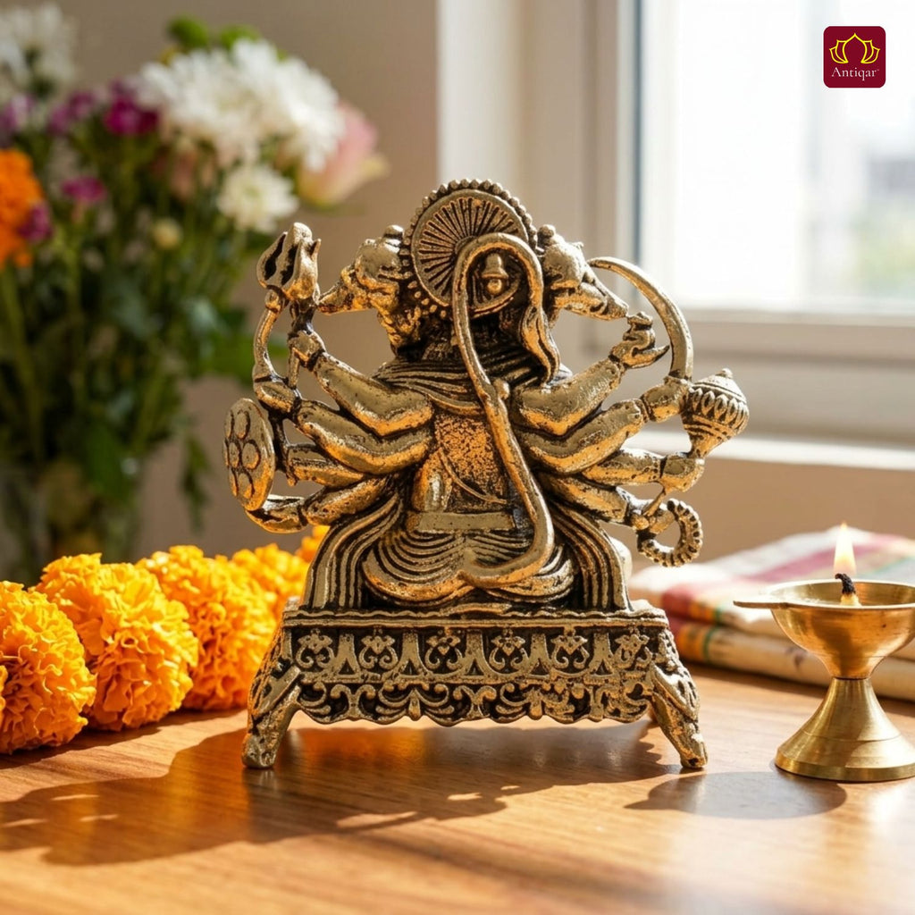 Brass Panchmukhi Hanuman Idol -5cm | Golden Finish | Spritual use for Home, Temple & Car Dashboard Decor