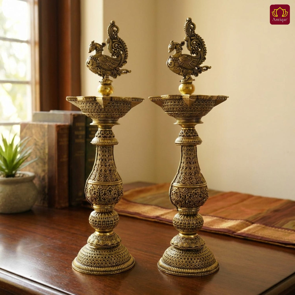 Brass Peacock Oil Lamp –20 cm | Antique Finish | Handcrafted Decor for Temple, Table & Home (Pack of 2)