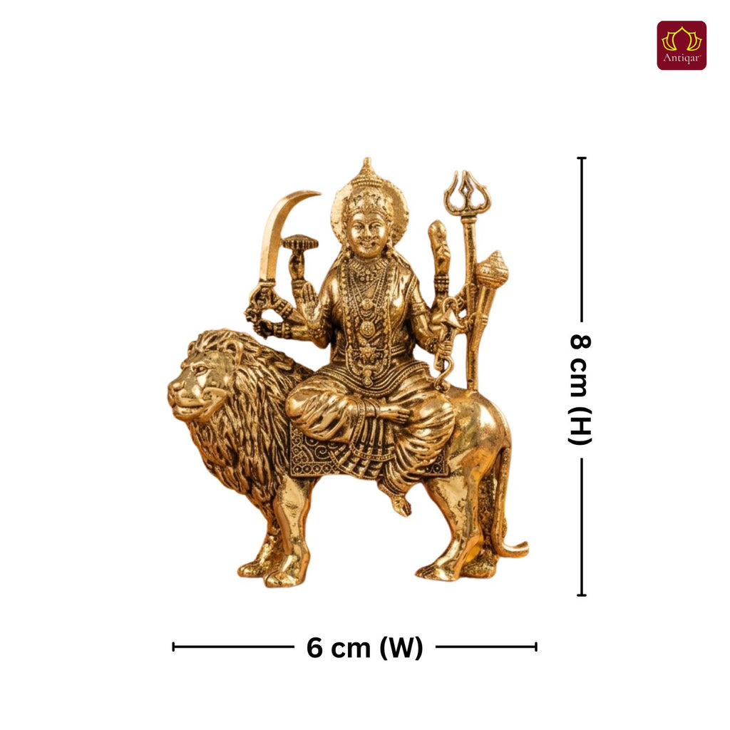 Brass Sherawali Maa Idol - 8cm | Sitting on Lion | Golden Finish | Spiritual Idol for Temple & Home Decor