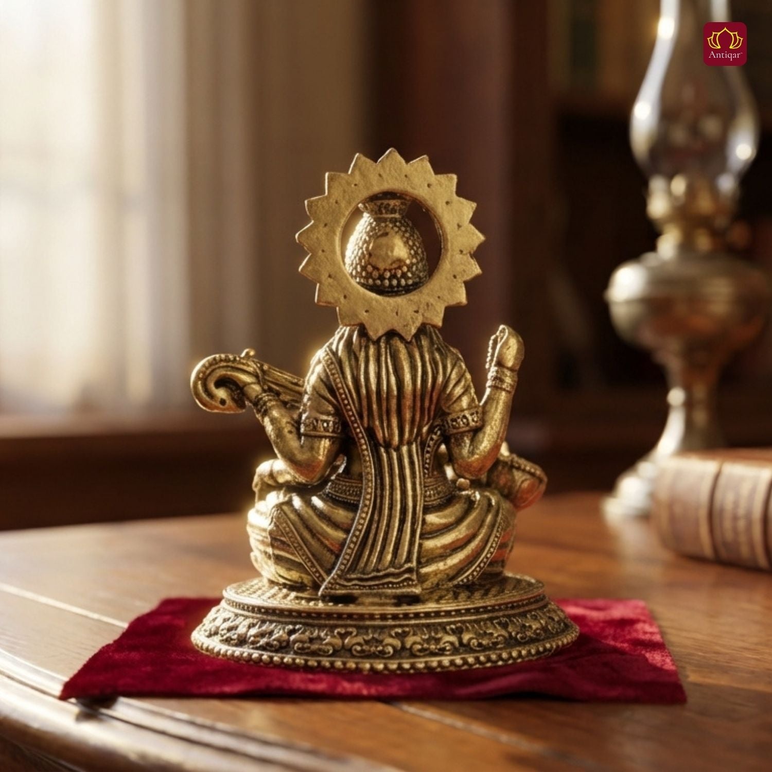 Brass Saraswati Idol - 6.5cm | Antique Finish | Spritual use for Home,Temple & Car Dashboard Decor