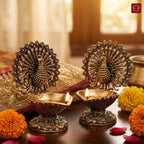 Brass Dancing Peacock on Diya - 7.5cm | Antique Finish | Spritual use for Pooja, Temple & Festival Decor (Pack of 2)