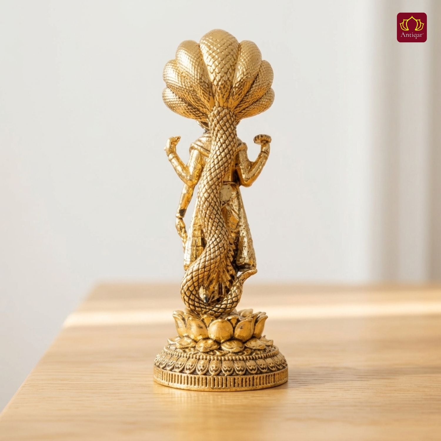 Brass Vishnu Ji Idol - 9cm| Standing on Lotus | GoldenFinish | Spiritual Decor for Temple, Home & Car Dashboard