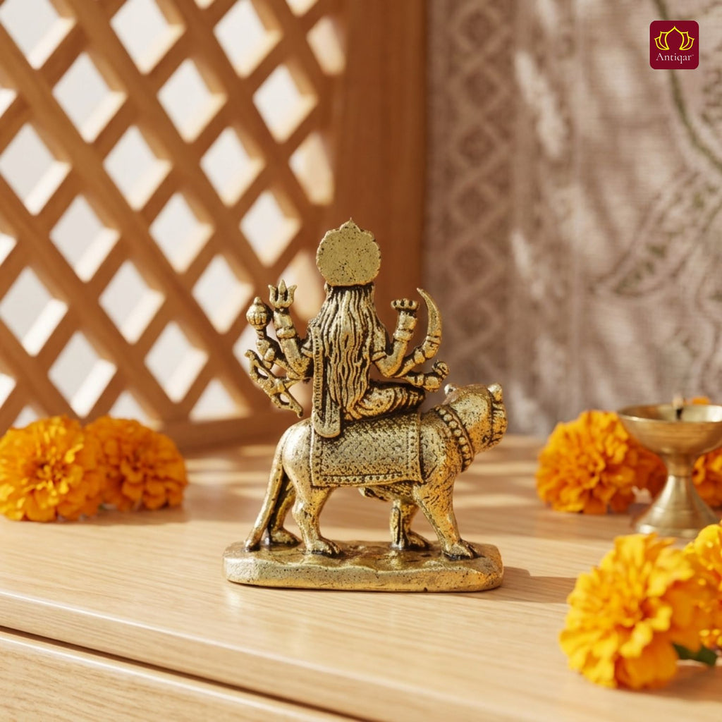 Brass Miniature Sherawali Maa Idol - 4cm | Antique Finish | Spritual use for Home, Temple & Car Dashboard Decor