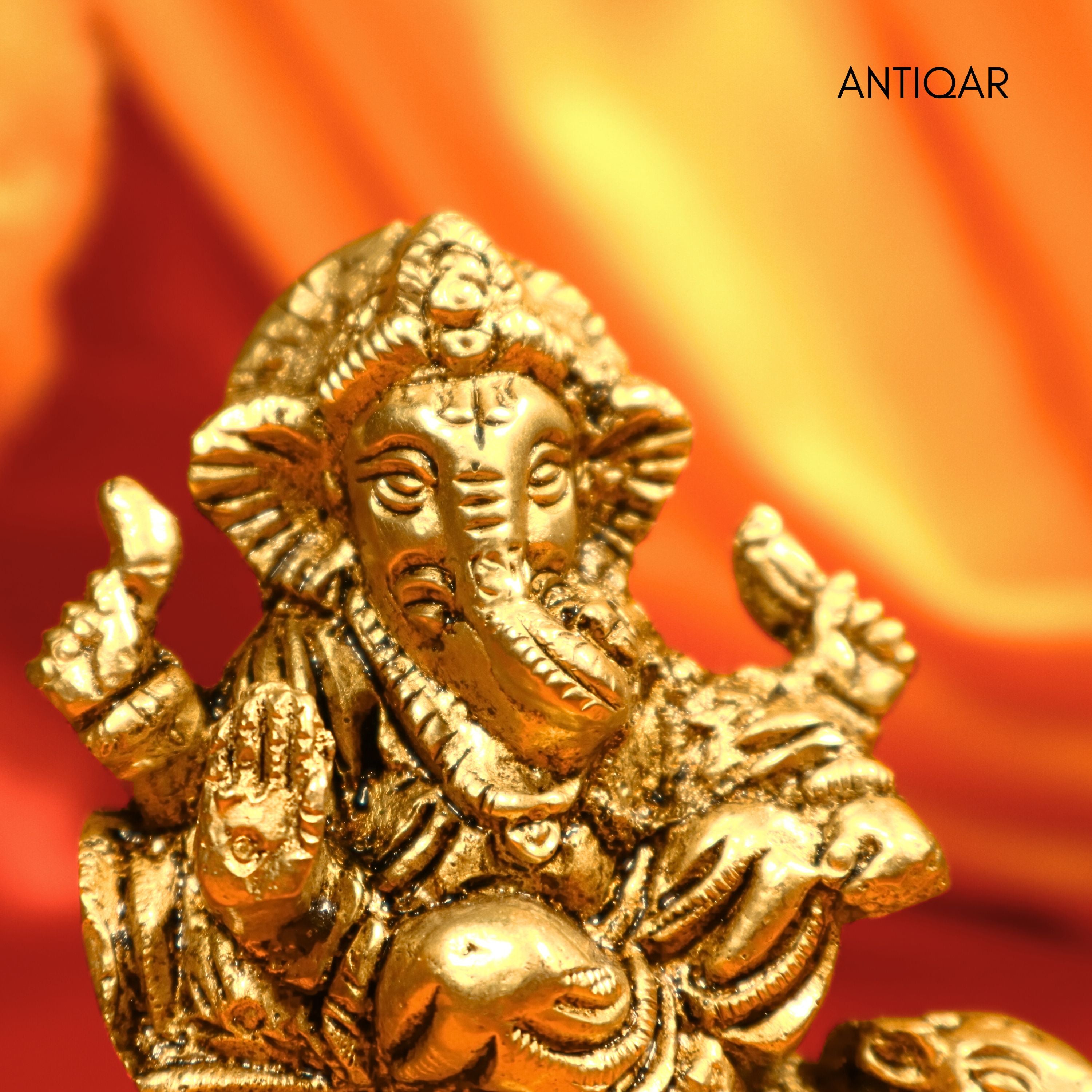 Brass Ganesh Ji on rat-Drawn Chariot – 9 cm | Antique Golden Finish | Handcrafted Idol for Temple, Home & Table Decor