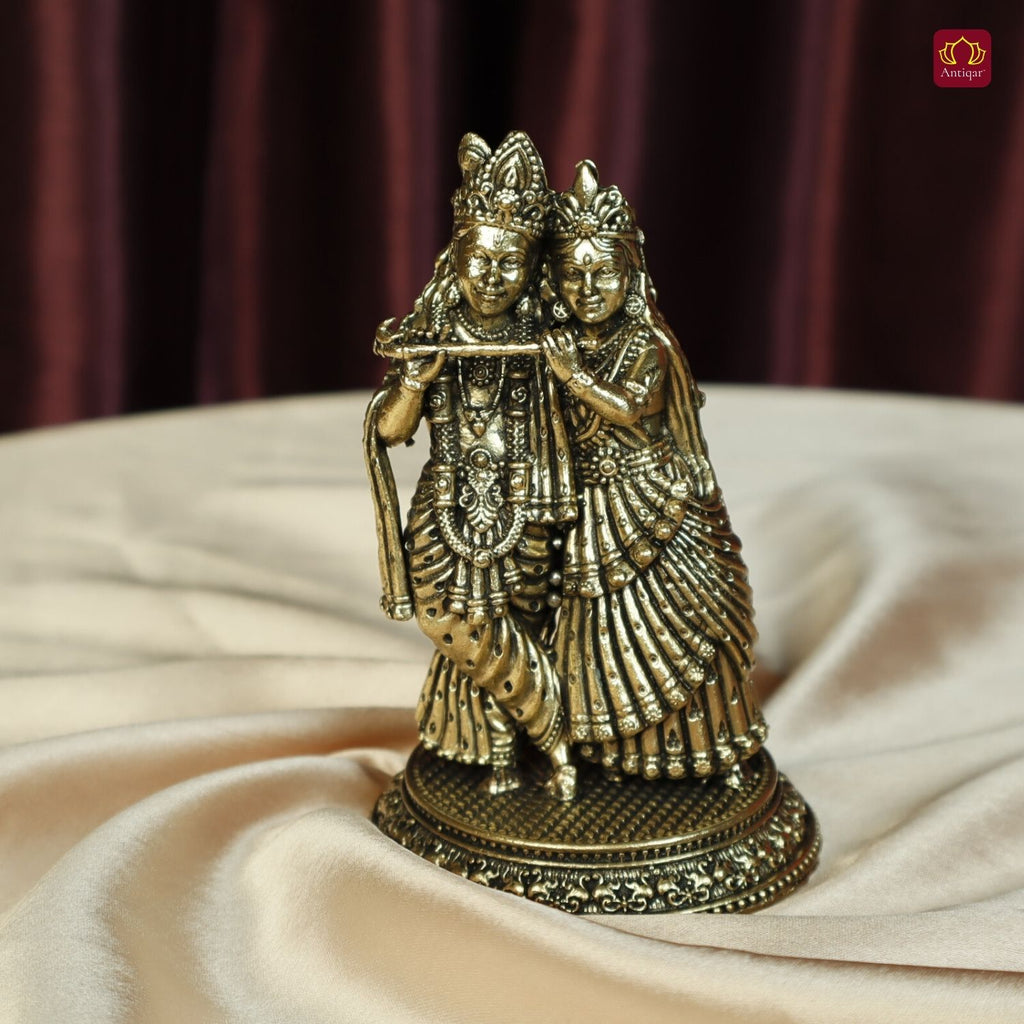 Brass Designer Radhakrishna Idol - 12cm | Antique Finish | Spiritual Idol for Temple & Home Decor