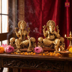 Brass Singhasan Ganesh Laxmi Pair Idol - 8cm | Antique Golden Finish | Spiritual Idol for Temple & Home Decor