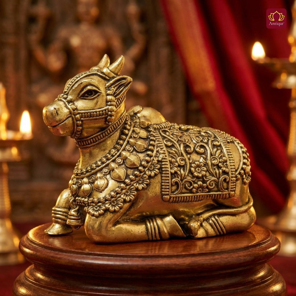 Brass Nandi Figurine - 6cm | Antique Finish | Spritual use for Home, Temple & Car Dashboard Decor
