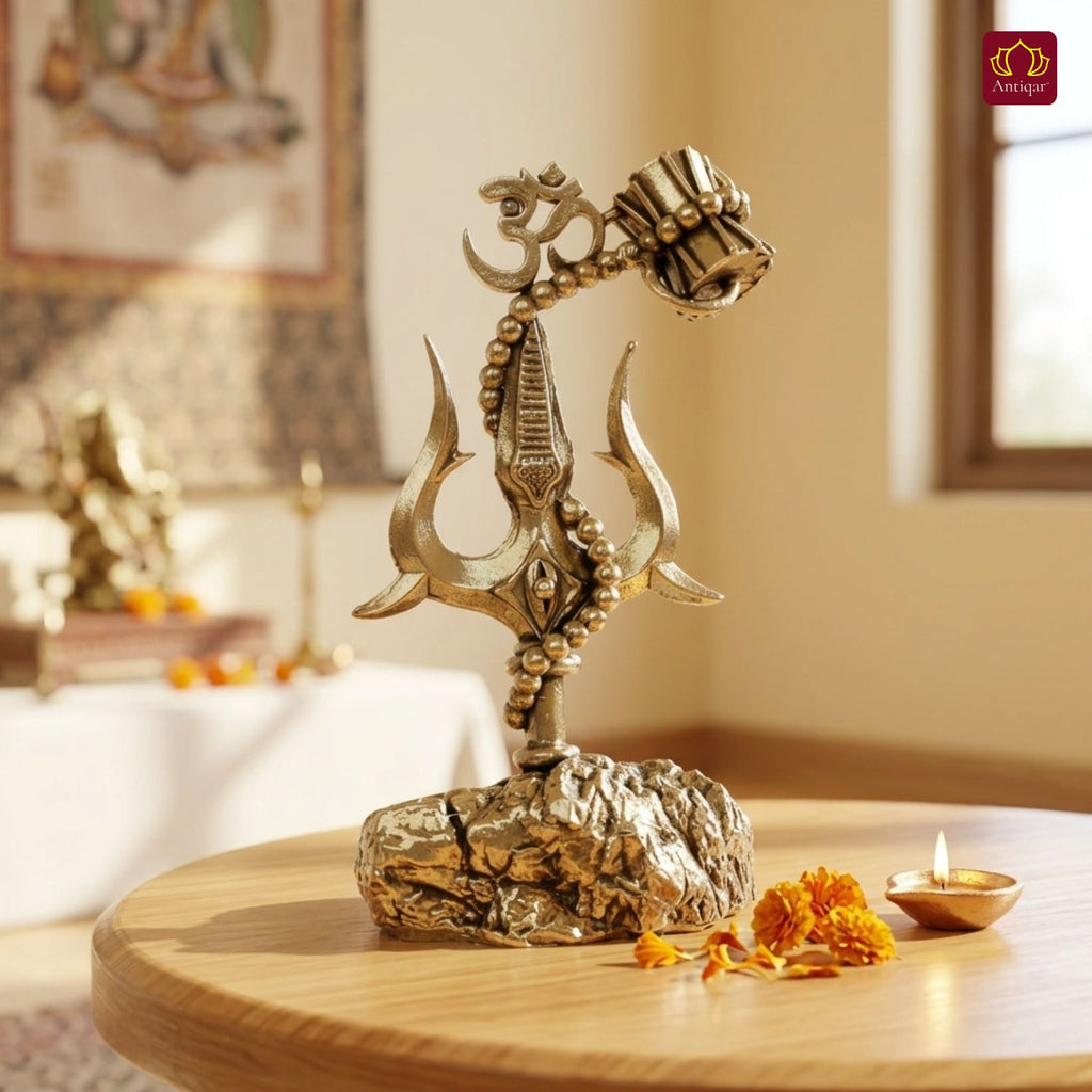 Brass Trisul with Om & Damru - 10.5cm | Antique  Golden Finish | Handcrafted for Pooja Temple & Festival Decor