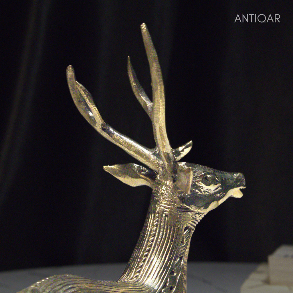 Dhokra Art Brass Deer – 17.5 cm | Sitting Pose in Antique Finish | Tribal Handcrafted Showpiece for Temple, Home & Table Decor
