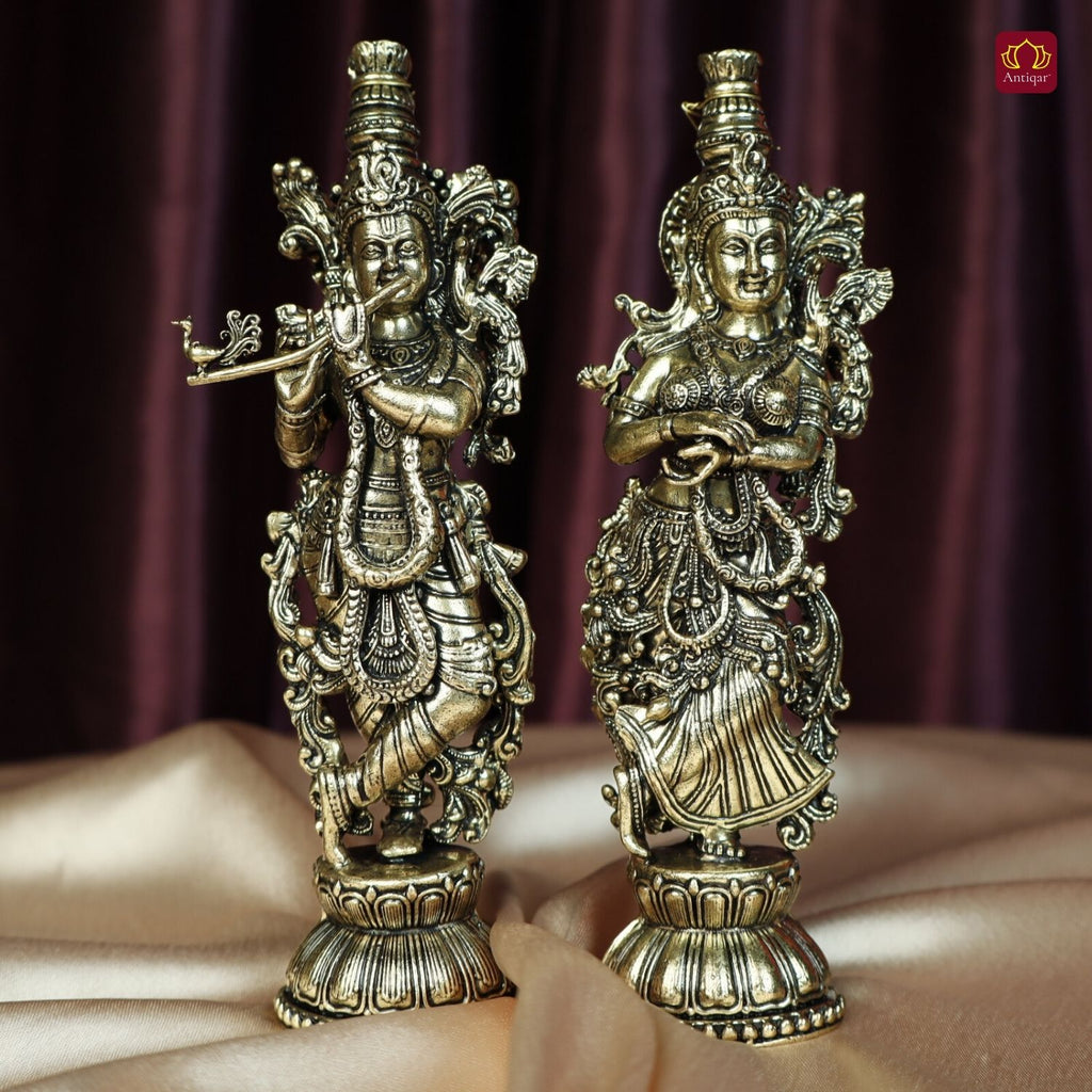 Brass Designer Radhakrishna Idol - 15cm | Antique Finish | Spiritual Idol for Temple & Home Decor