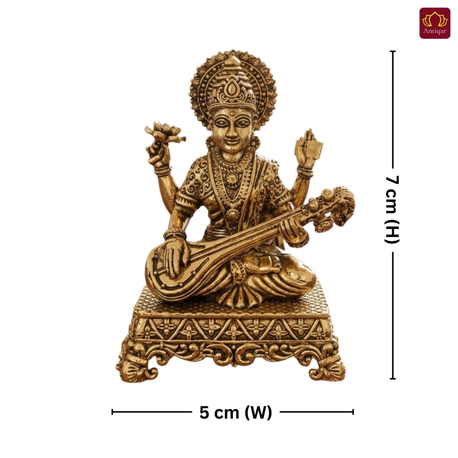 Brass Saraswati Ji Idol - 7cm | Antique Golden Finish | Spritual use for Home, Temple & Car dashboard Decor