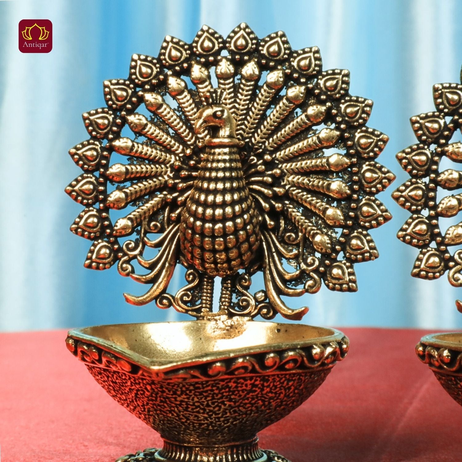 Brass Dancing Peacock on Diya - 7.5cm | Antique Finish | Spritual use for Pooja, Temple & Festival Decor (Pack of 2)