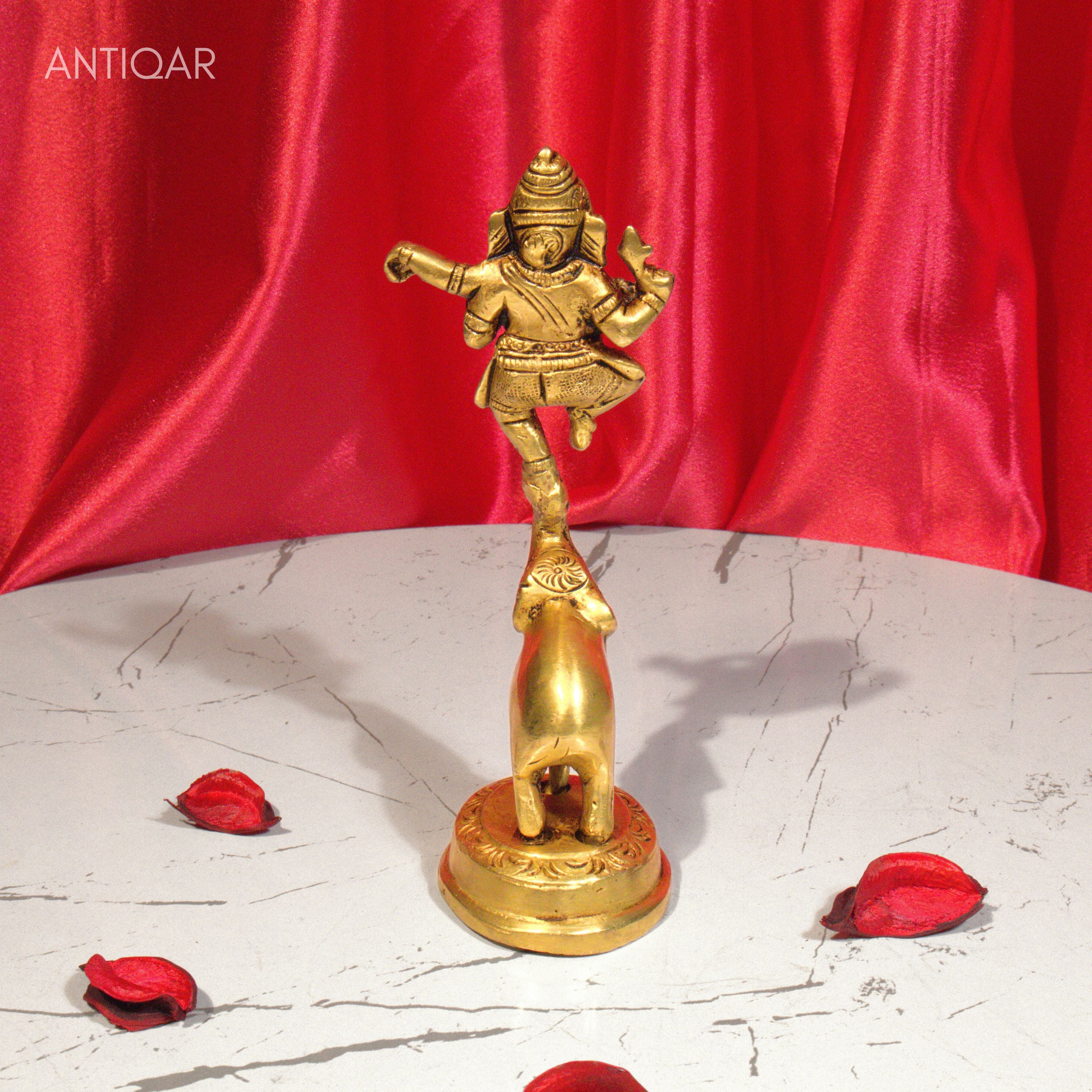Brass Dancing Ganesha on Elephant Trunk up with Diya - 17cm | Antique Golden Finish | Handcrafted  for Pooja Temple,Home Festval Decor