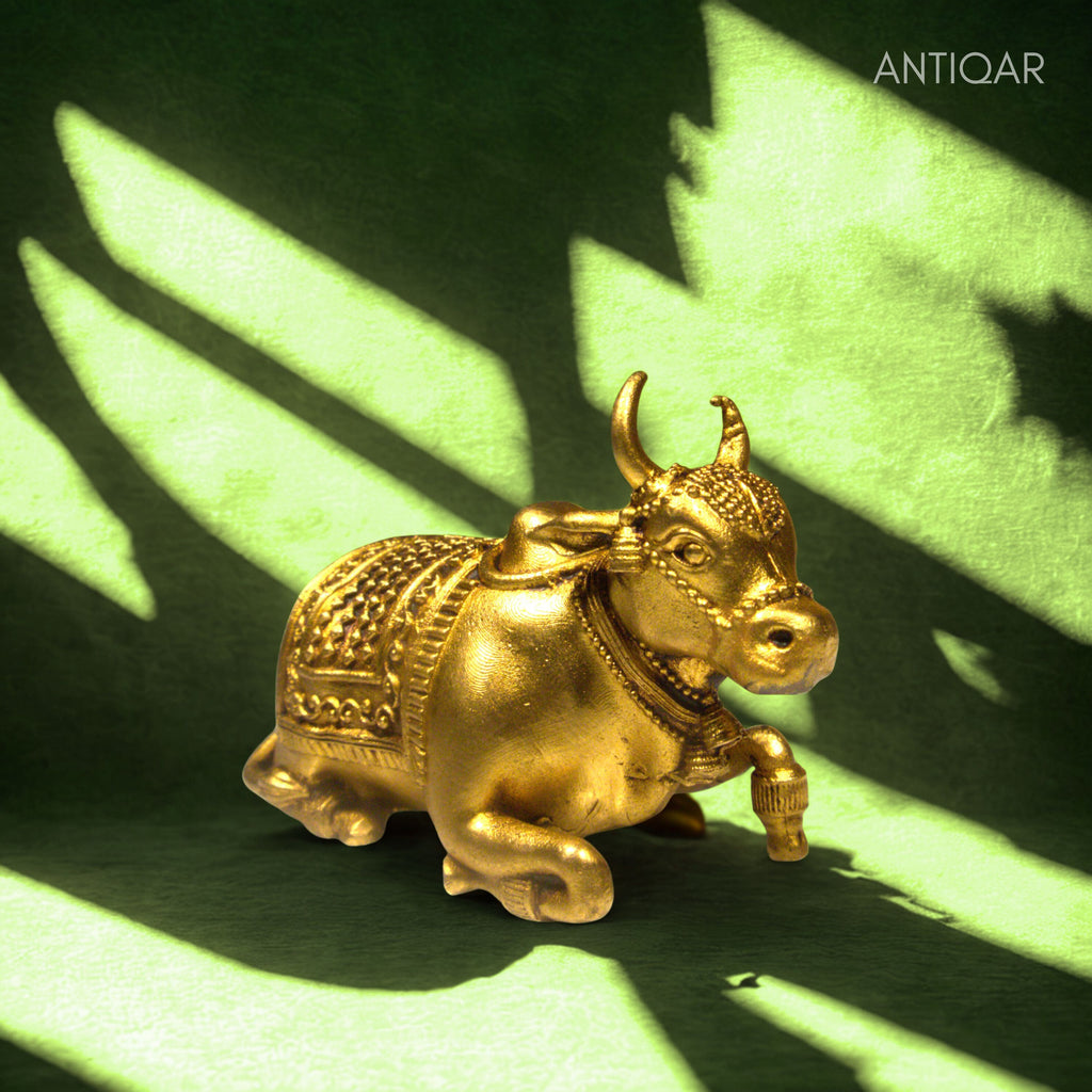 Brass Nandi Figurine - 5cm | Antique Golden Finish | Spritual use for Home, Temple & Car Dashboard Decor