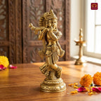 Brass Krishna Idol - 15cm | Handcrafted Art for Worship | Home, Temple & Vehicle Decor
