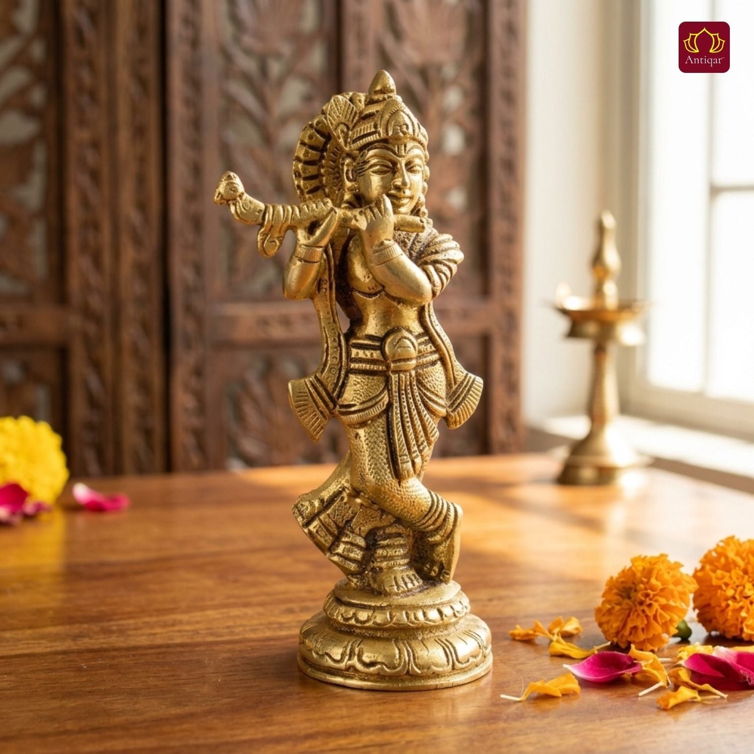 Brass Krishna Idol - 15cm | Handcrafted Art for Worship | Home, Temple & Vehicle Decor