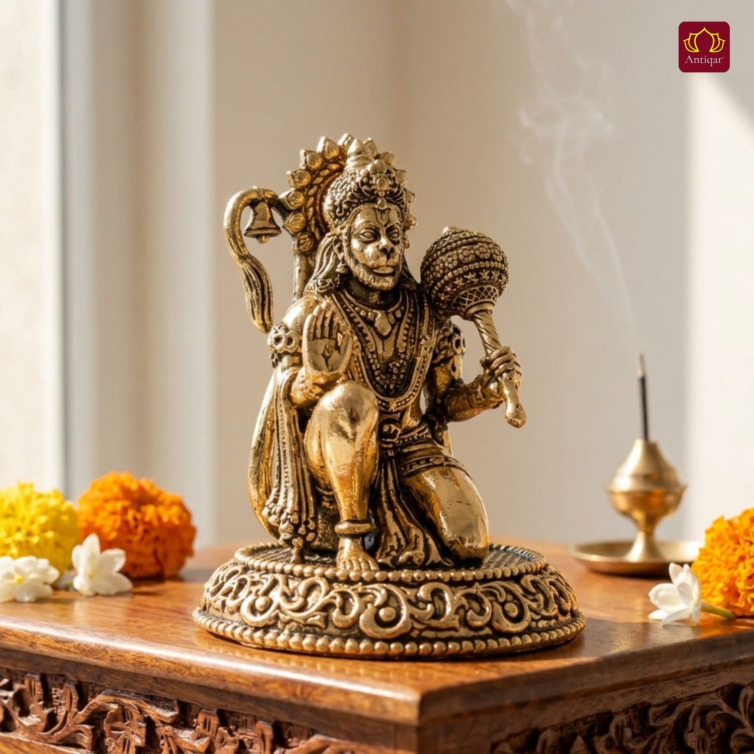Brass Hanuman Ji Idol -7.5 cm | Golden Finish | Handcrafted Statue for Temple, Home Decor & Car Dashboard