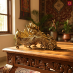 Brass Ganesh Ji Idol – 12 cm | Sitting on Peacock-Carved Singhasan with Ornate Backrest | Antique Golden Finish | Handcrafted Spiritual Decor for Temple, Home & Table