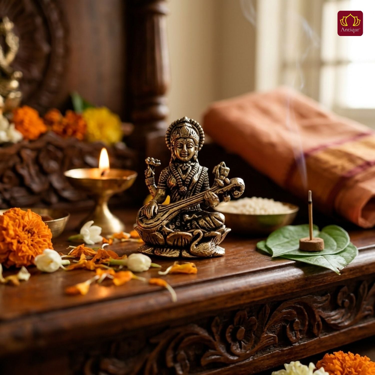 Brass Miniature Saraswati Ji Idol - 3cm | Antique Finish | Spritual use for Home, Temple & Car Dashboard Decor