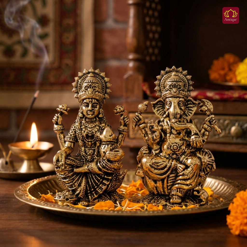 Brass Ganesh Laxmi Pair Idol - 5 cm | Golden Finish | Spiritual Idol for Temple & Home Decor