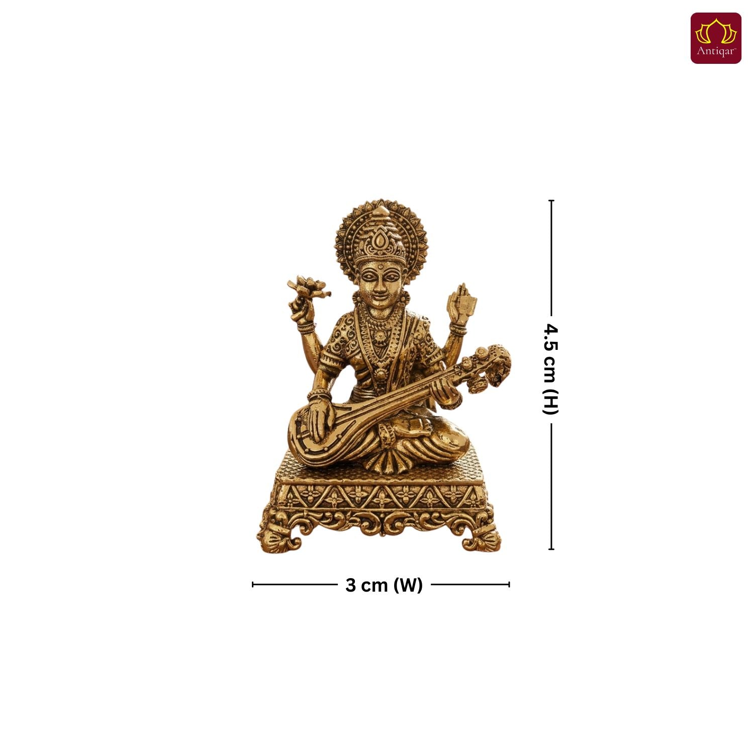 Brass Saraswati Ji Idol - 4.5cm | Antique Golden Finish | Spritual use for Home, Temple & Car dashboard Decor