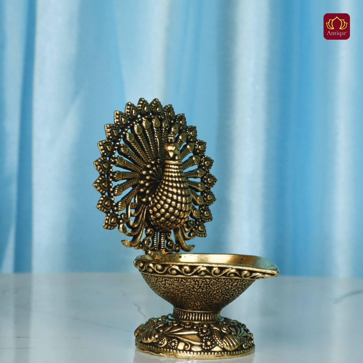 Brass Dancing Peacock on Diya - 7.5cm | Antique Finish | Spritual use for Pooja, Temple & Festival Decor