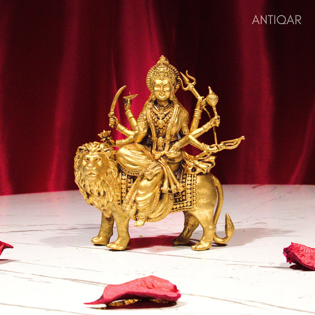 Brass Sherawali Maa Idol - 10cm | Sitting on Lion | Antique Golden Finish | Spiritual Idol for Temple & Home Decor