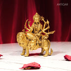 Brass Sherawali Maa Idol - 10cm | Sitting on Lion | Antique Golden Finish | Spiritual Idol for Temple & Home Decor