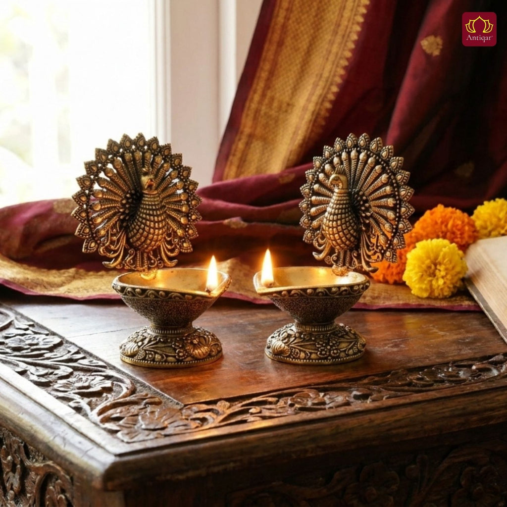 Brass Dancing Peacock on Diya - 7.5cm | Antique Finish | Spritual use for Pooja, Temple & Festival Decor (Pack of 2)