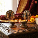 Brass Dancing Peacock on Diya - 7.5cm | Antique Finish | Spritual use for Pooja, Temple & Festival Decor (Pack of 2)