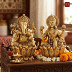 Brass Ganesh Laxmi pair Idol - 7.5cm| Sitting on Lotus | Antique Golden Finish | Spiritual Decor for Temple, Home & Car Dashboard