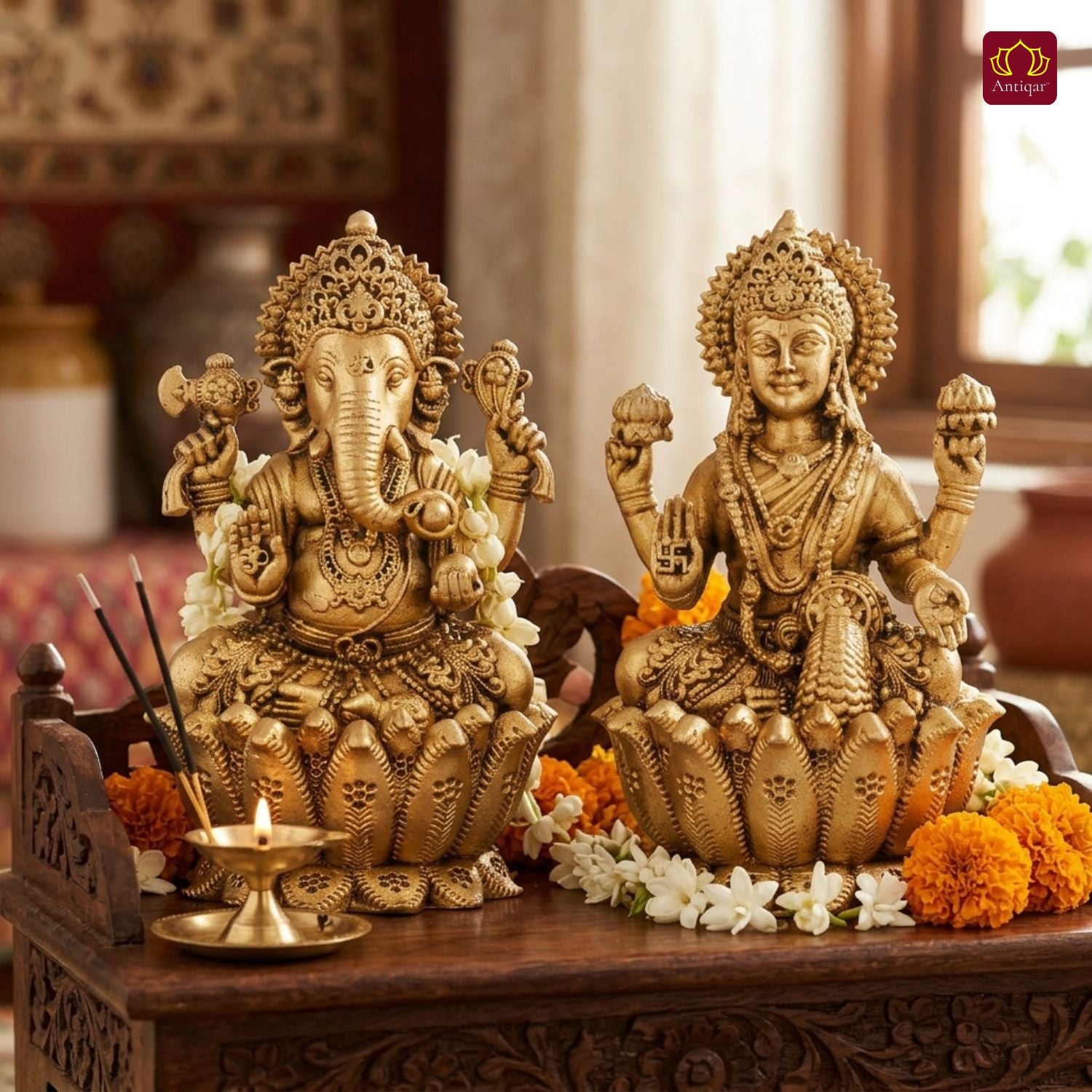 Brass Ganesh Laxmi pair Idol - 7.5cm| Sitting on Lotus | Antique Golden Finish | Spiritual Decor for Temple, Home & Car Dashboard