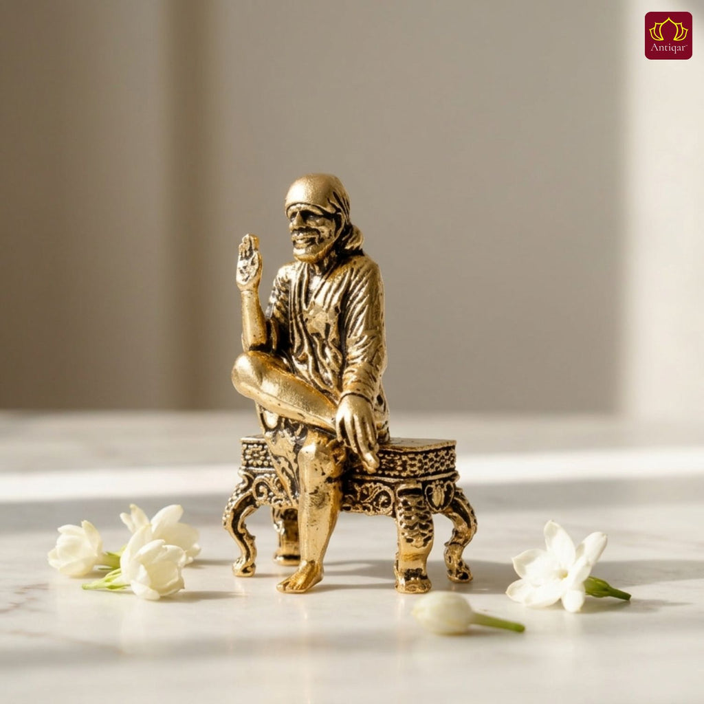 Brass Saibaba Idol - 6.5cm | Golden Finish | Spritual use for Home, Temple & Car dashboard Decor