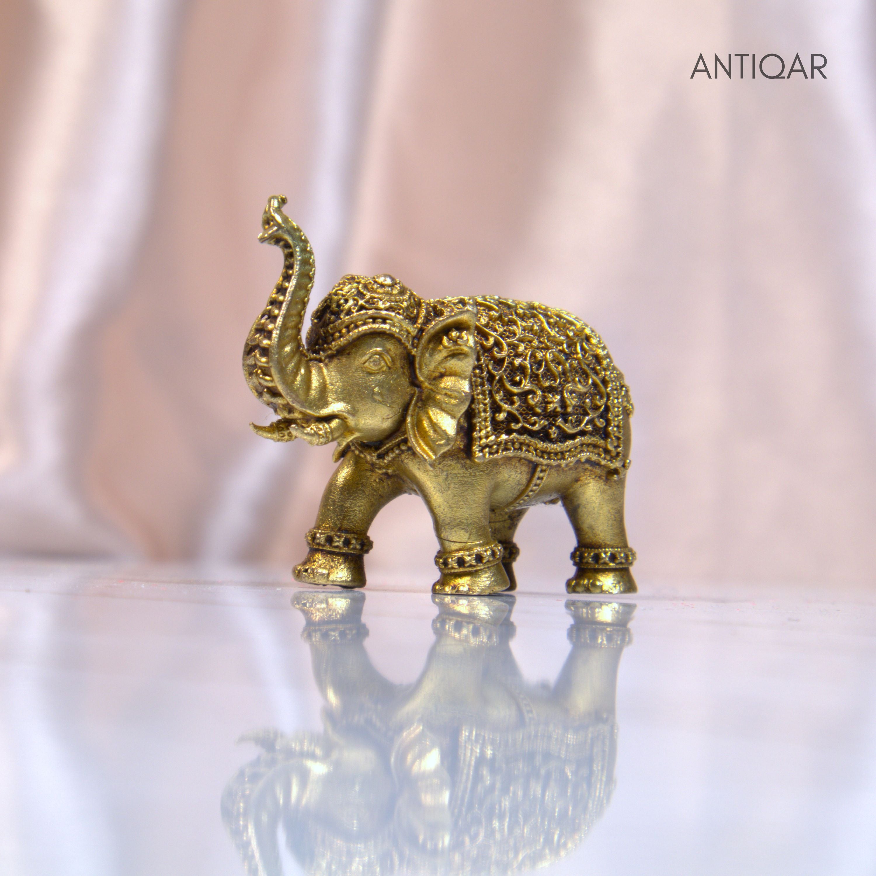 Brass Elephant Showpiece in Vintage Design - 3.5cm | Antique Golden Finish | Decorative Figurines for Temple, Home & Office
