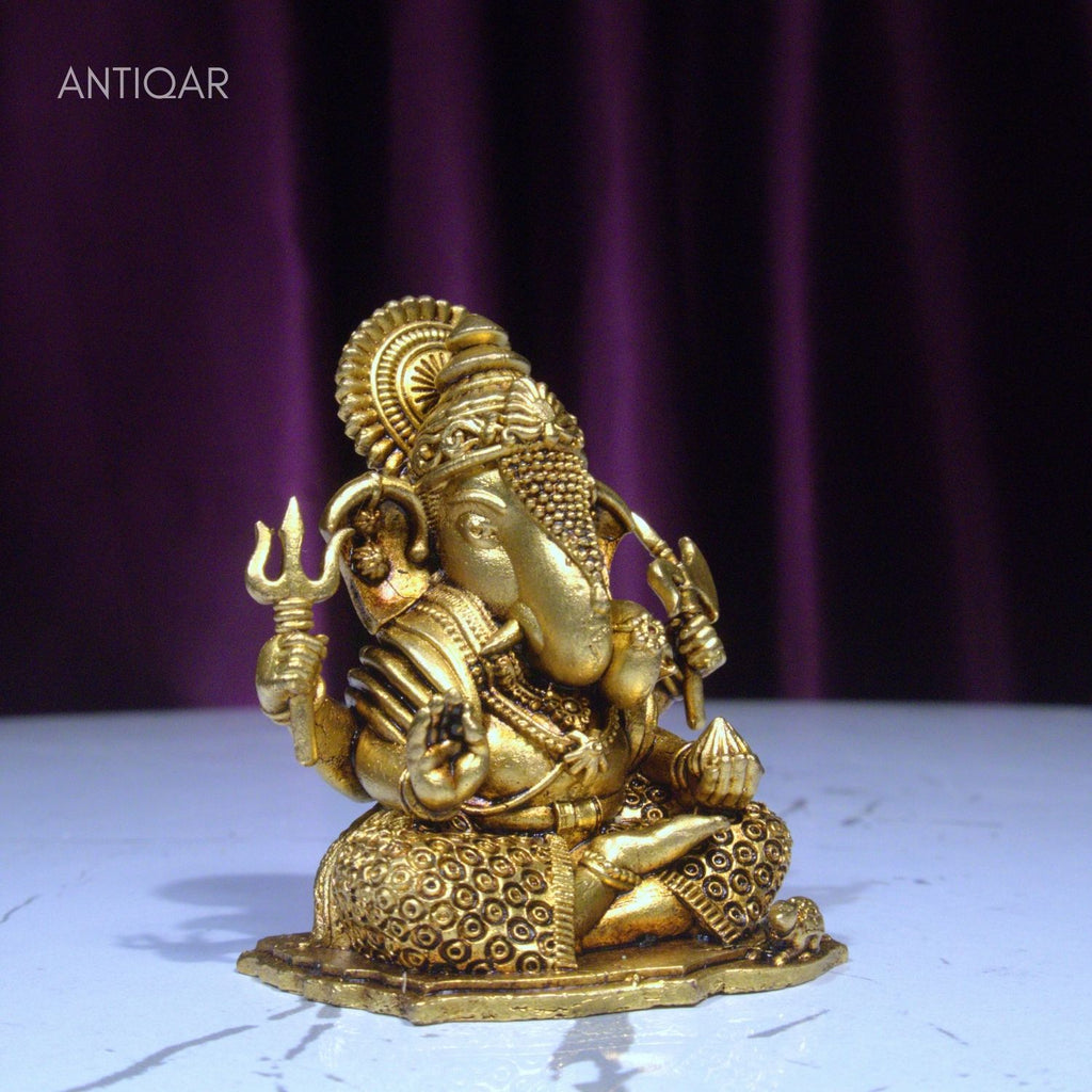 Brass Ganesh Idol - 6.5cm | Antique Finish | Spritual use for Home, Temple & Car dashboard Decor
