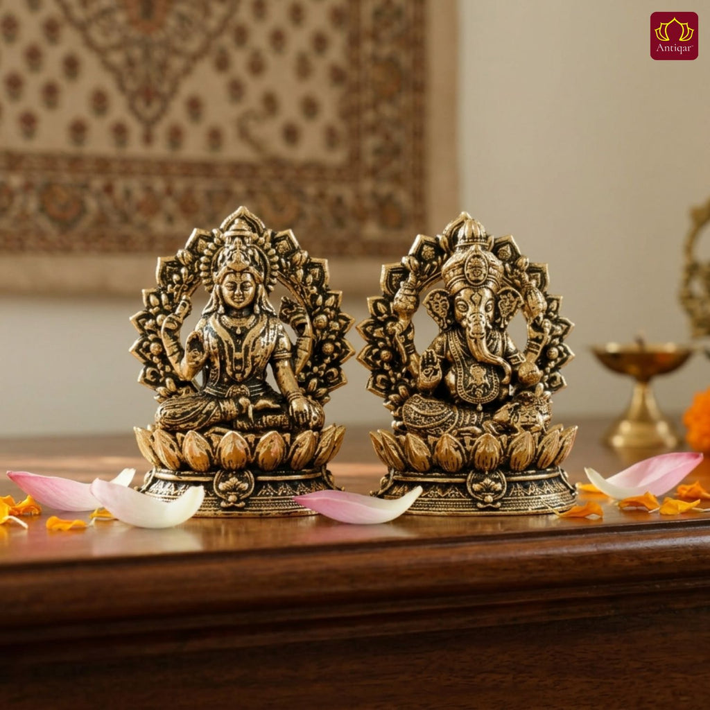 Brass Ganesh Laxmi Pair Idol - 4 cm | Golden Finish With Frame | Spiritual Idol for Temple & Home Decor