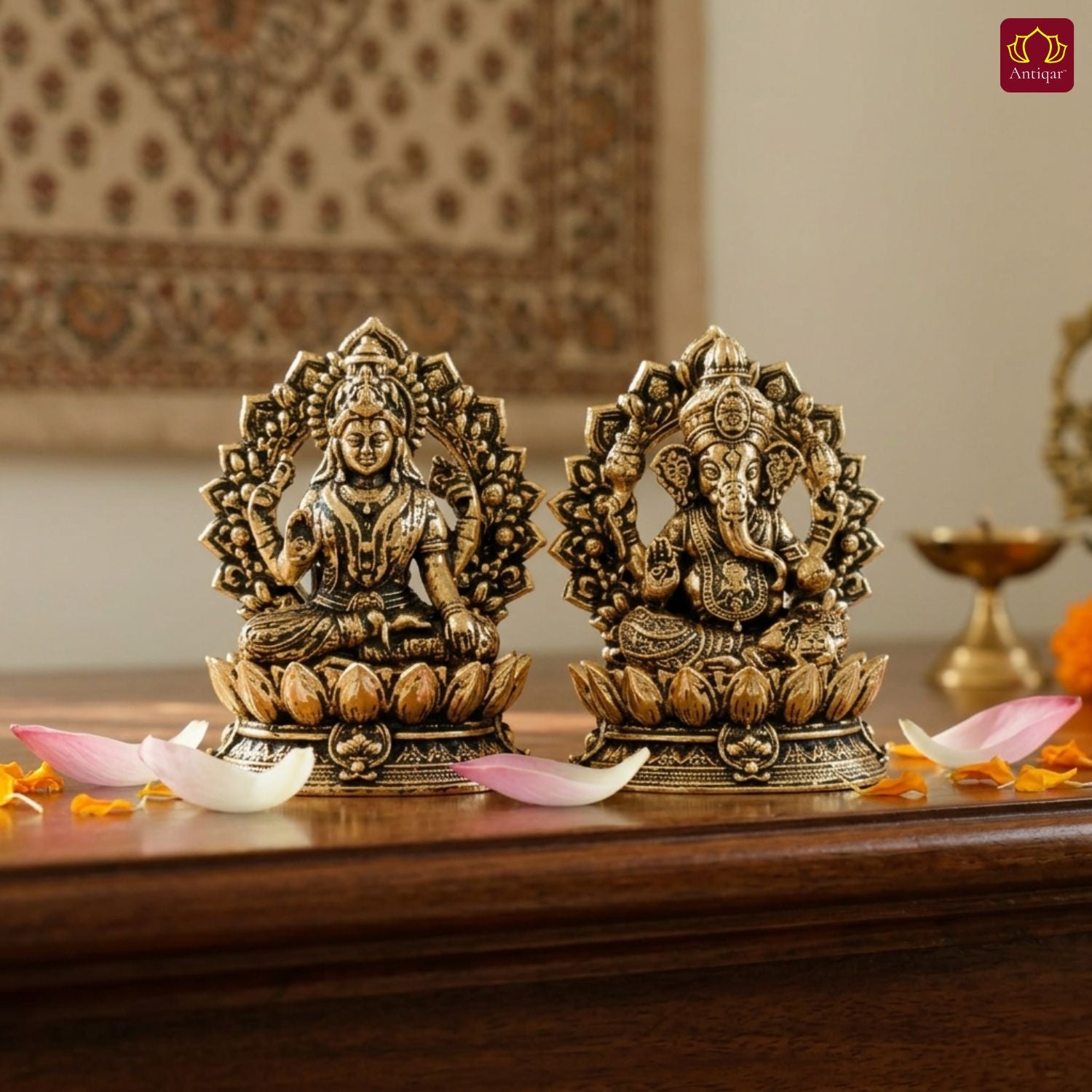 Brass Ganesh Laxmi Pair Idol - 4 cm | Golden Finish With Frame | Spiritual Idol for Temple & Home Decor