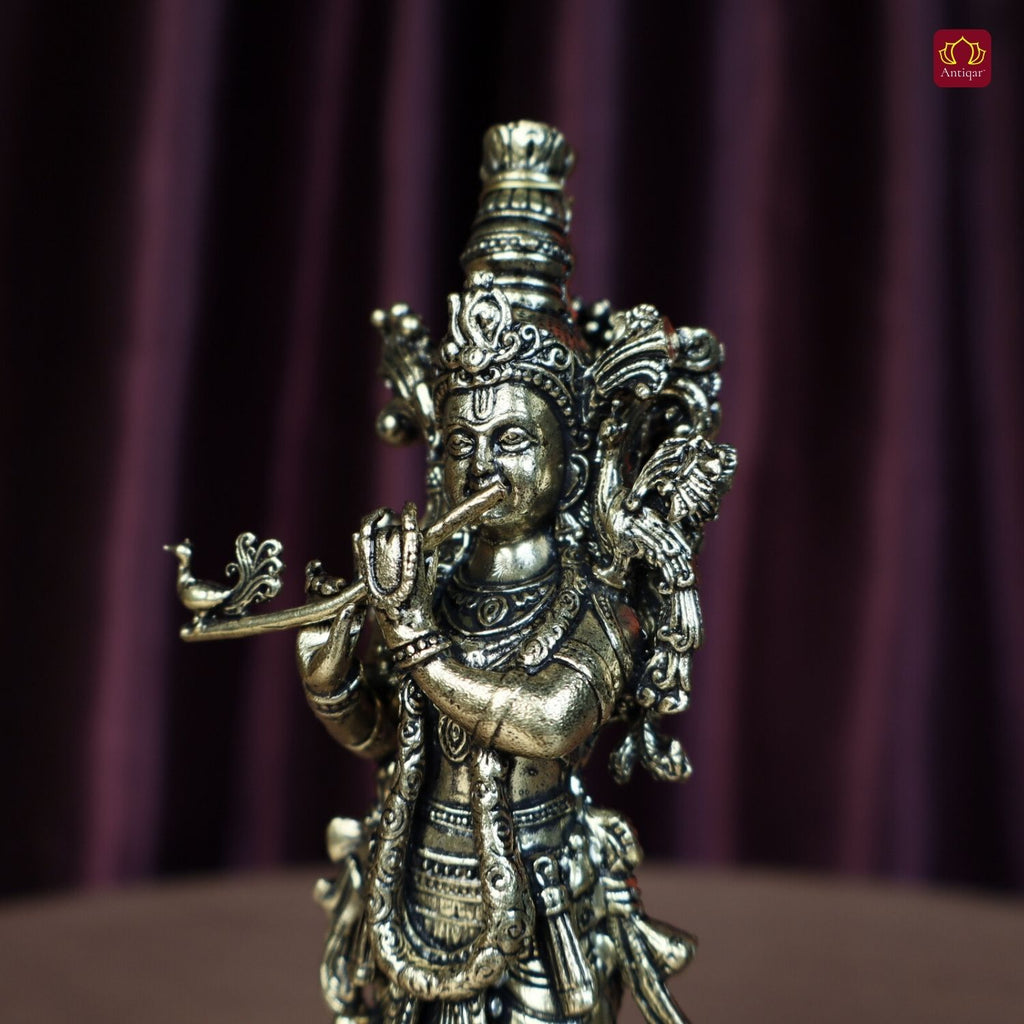 Brass Lord Krishna Idol Playing with Flute - 15cm | Antique Finish | Handcrafted Artwork | Home & Office Decor | Ideal for Gifting & Spiritual Blessings