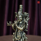 Brass Lord Krishna Idol Playing with Flute - 15cm | Antique Finish | Handcrafted Artwork | Home & Office Decor | Ideal for Gifting & Spiritual Blessings
