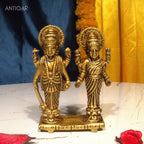 Brass Laxmi Narayan pair Idol - 8cm | Standing on Lotus | Antique Finish | Spiritual Idol for Temple & Home Decor