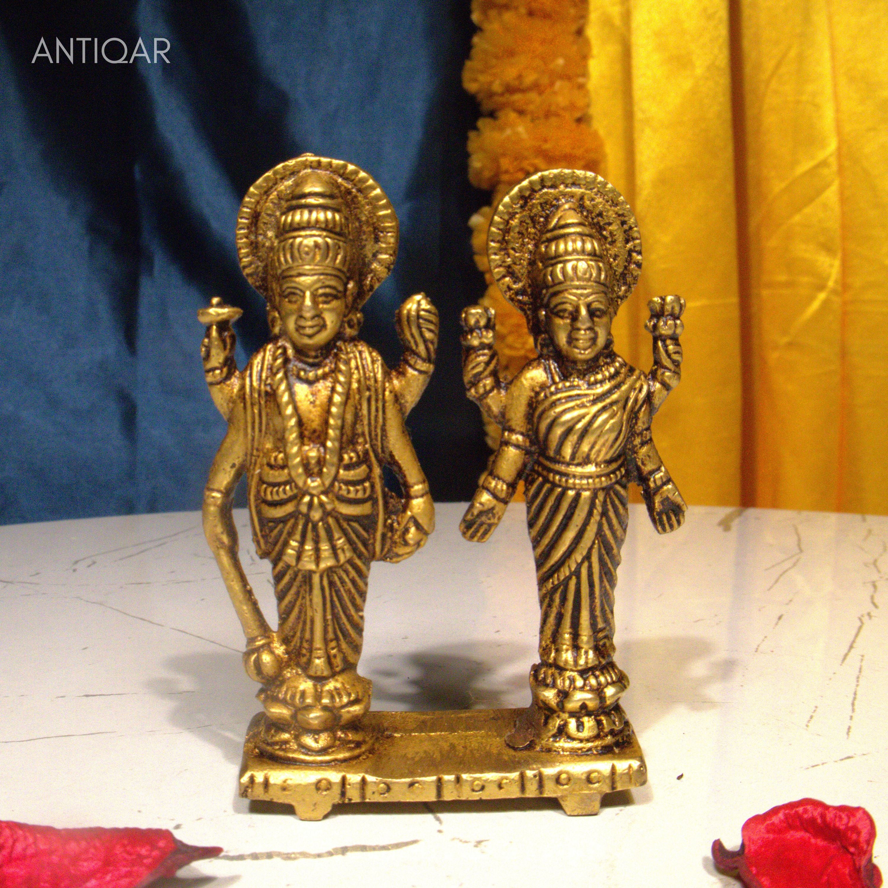 Brass Laxmi Narayan pair Idol - 8cm | Standing on Lotus | Antique Finish | Spiritual Idol for Temple & Home Decor
