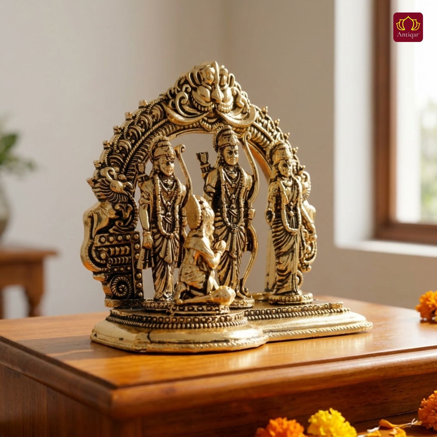 Brass Ram Darbar - 7cm | Antique Golden Finish | Spiritual Idol for Temple & Home Decor