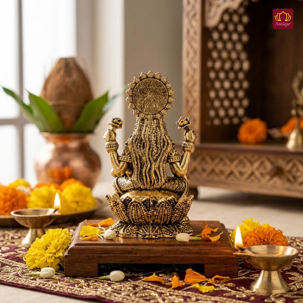Brass Lakshmi JI Idol - 5cm | Golden Finish | Spiritual Decor for Temple, Home & Car Dashboard
