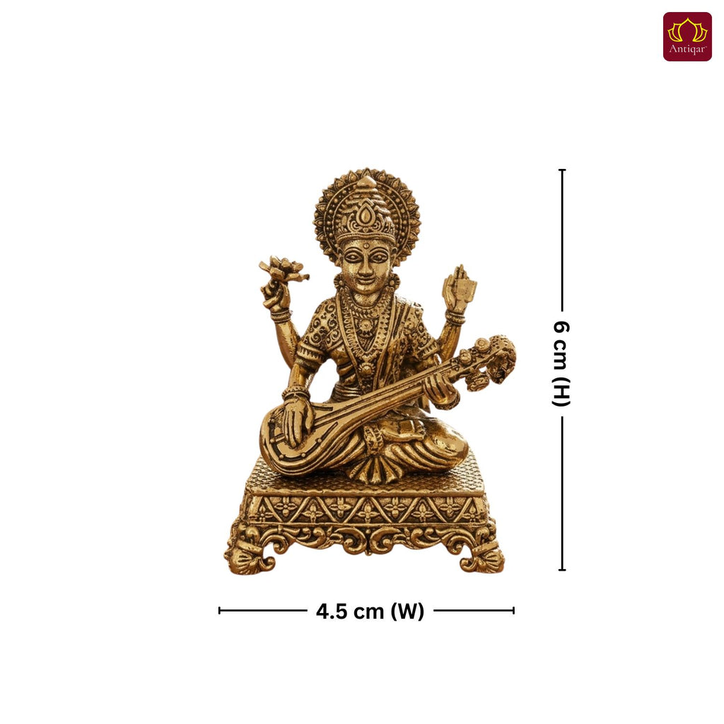Brass Saraswati Ji Idol - 6cm | Golden Finish | Spritual use for Home, Temple & Car dashboard Decor
