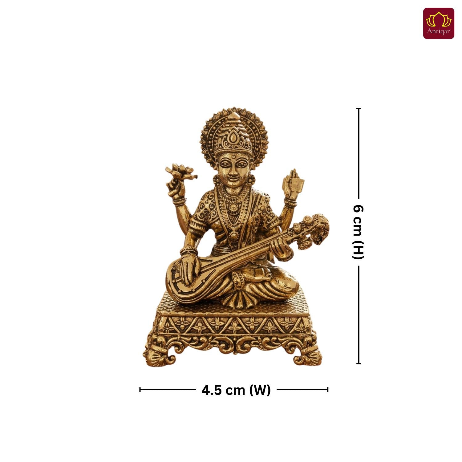 Brass Saraswati Ji Idol - 6cm | Golden Finish | Spritual use for Home, Temple & Car dashboard Decor